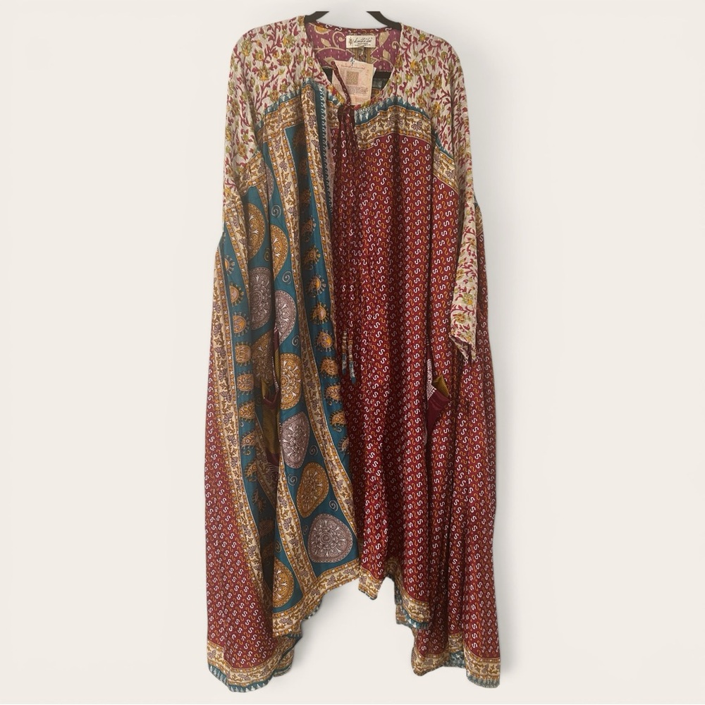 Kantha Bae Silk Bohemian Patchwork Cape in Burgundy, Teal, Gold